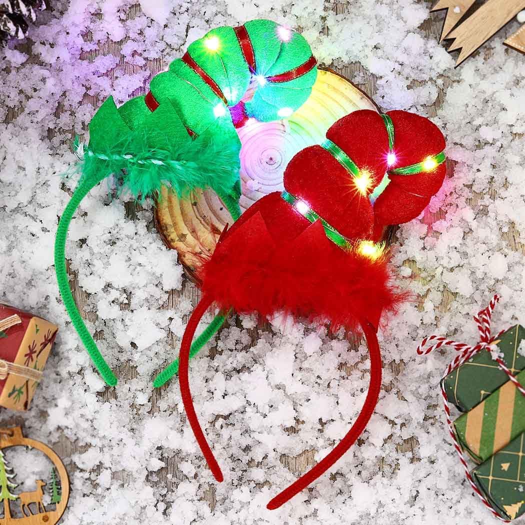 DRESBE LED Christmas Elves Headbands Light Up Elf Headwear Luminous Elf Hat Headband Cute Festival Hair Hoop Holiday Party Hair Accessories for Women and Girls(Pack of 2)