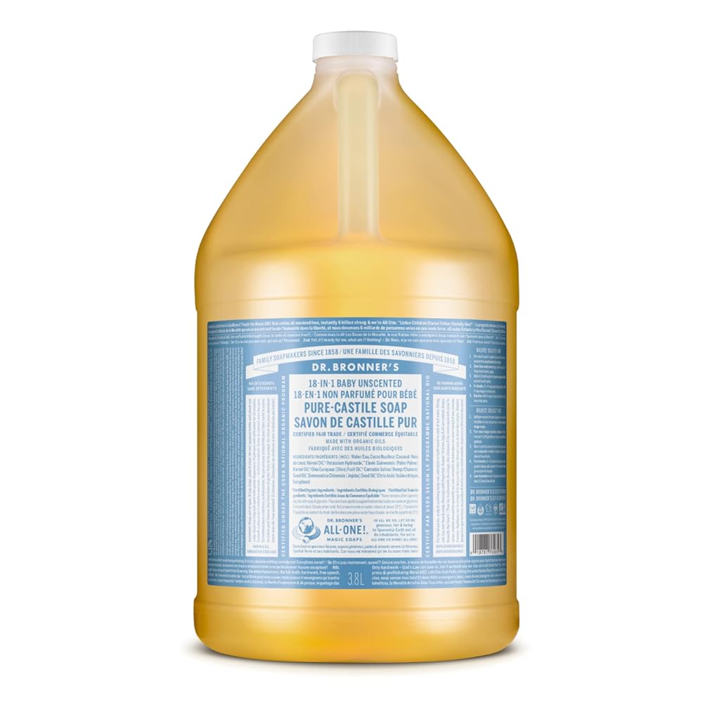 Dr. BronnerÕs - Pure-Castile Liquid Soap (Baby Unscented, 1 Gallon) - Made with Organic Oils, 18-in-1 Uses: Face, Hair, Laundry and Dishes, For Sensitive Skin and Babies, No Added Fragrance, Vegan