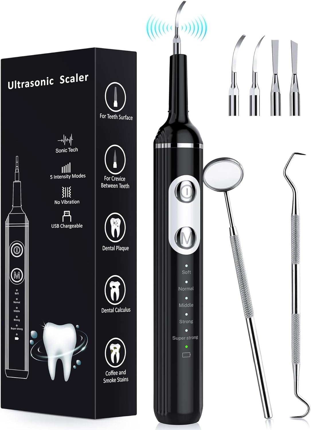 Plaque Remover for Teeth, Dental Cleaning Kit Tartar Remover for Teeth with LED Light & 5 Modes, Rechargeable Dental Cleaner, 4 Replaceable Heads