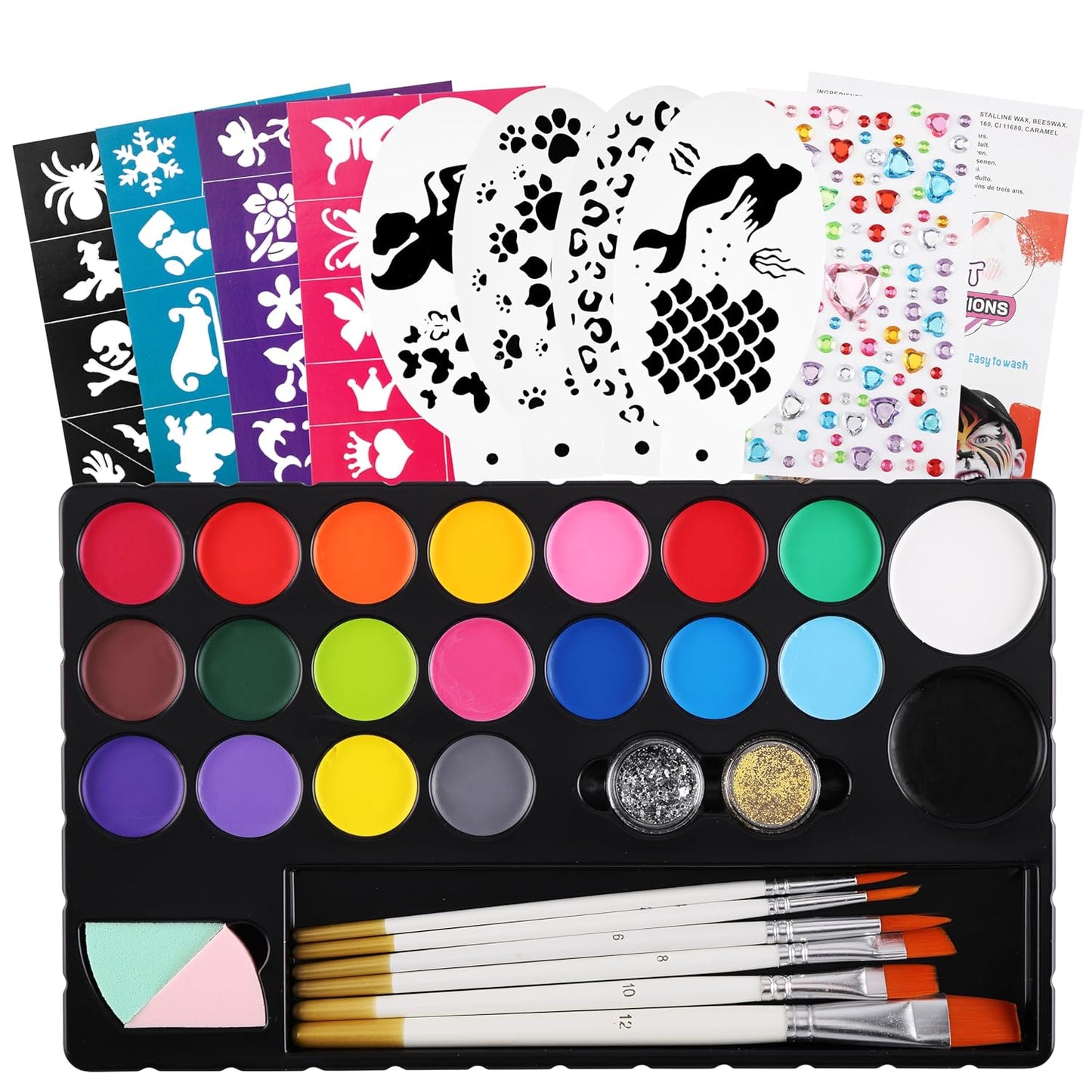 CCbeauty 180pcs Face Painting Kit for kids - 20 Water Based Kids Face Paint Non Toxic Sensitive Washable with 40+4 Reusable Stencils 6 Wood Brushes Glitter,Christmas Birthday Cosplay Costume Party
