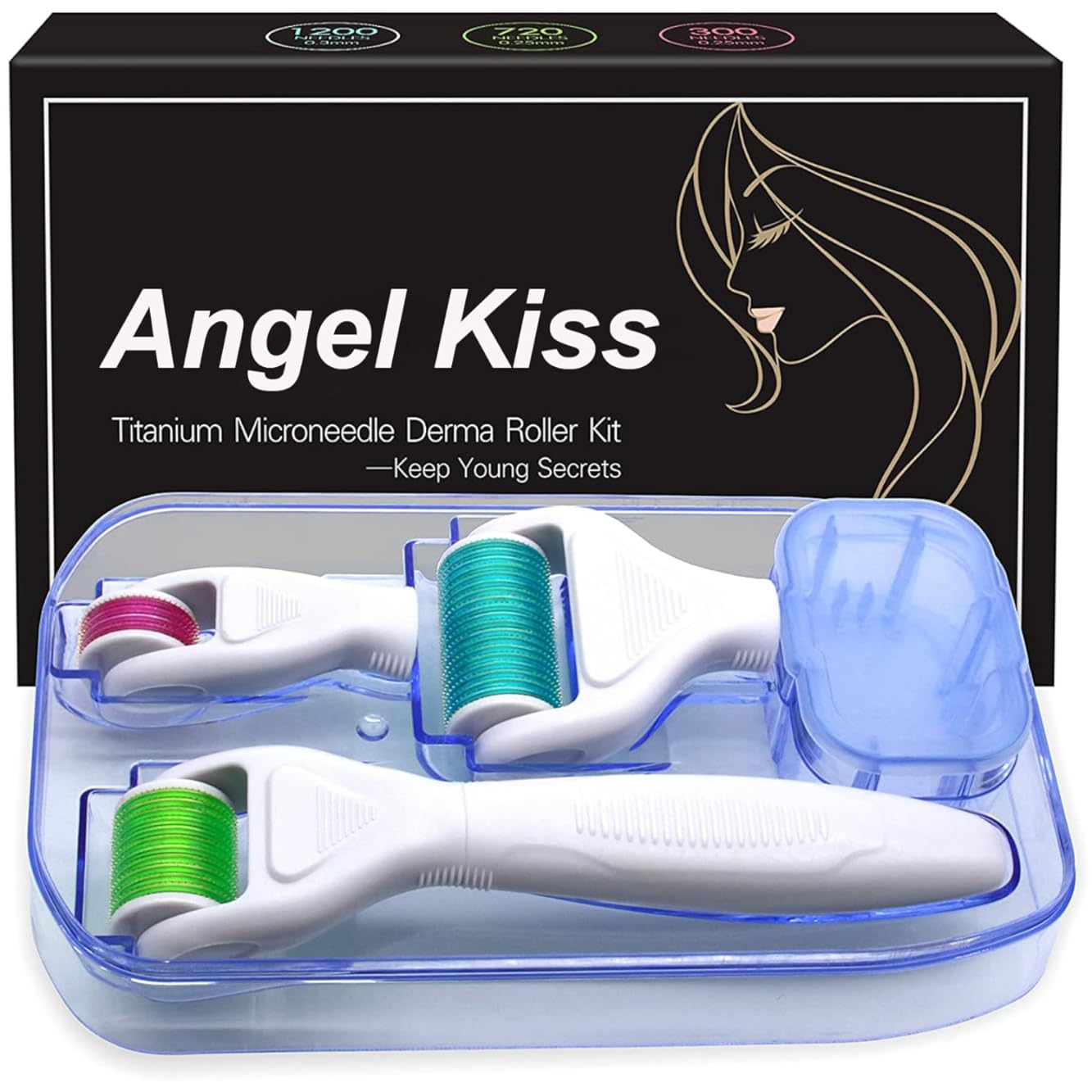 Derma Roller for Face and Body - Angel Kiss 4 in 1 Titanium Microneedling Roller Kit Micro Needle Microneedle Roller, 300/720 Needles 0.25mm,1200 Needle 0.3mm