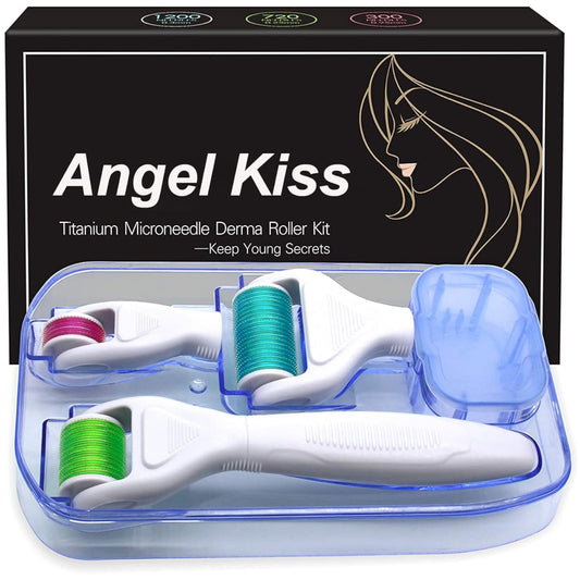 Derma Roller for Face and Body - Angel Kiss 4 in 1 Titanium Microneedling Roller Kit Micro Needle Microneedle Roller, 300/720 Needles 0.25mm,1200 Needle 0.3mm