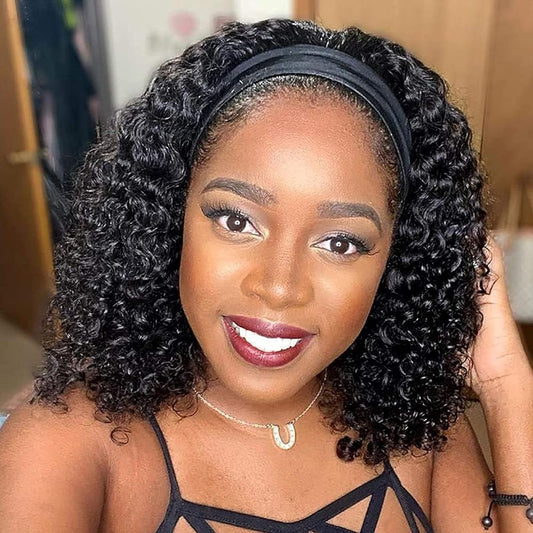 Punmasa Headband Wig Deep Wave 12 Inches 100% Human Hair Headband wigs for women Glueless None Lace Front Wig Machine Made 150% Density headband wig human hair with Headbands(12Inch)