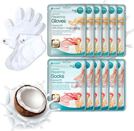 Epielle Intensive Repairing Masks for Hand and Foot (Glove & Socks-12pk) Dry Hand, Dry & Cracked Heel to toe Spa Masks Coconut Oil + Milk Extract,Mothers Day GIfts