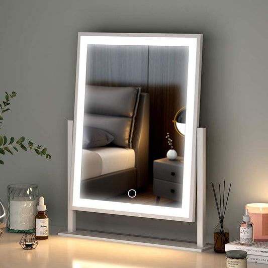 durup Lighted Hollywood Vanity Makeup Mirror with Smart Touch Control 3-Gear Dimable Light 360¡Rotation, Tabletop Mount (12in. White)