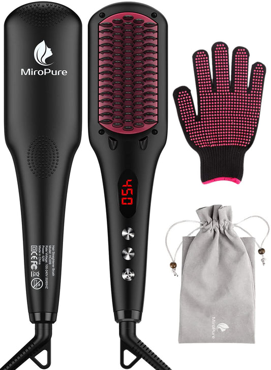Enhanced Ceramic Hair Straightener Brush by MiroPure, 2-in-1 Ionic Straightening Brush with Anti-Scald Feature, Auto Temperature Lock & Auto-Off Function (Black)