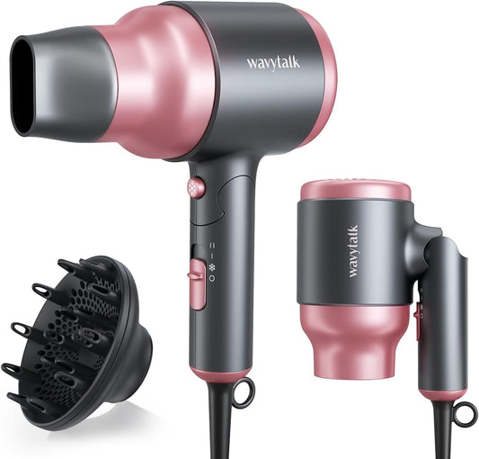 Wavytalk Portable Hair Dryer with Diffuser, Foldable Mini Hair Dryer with Lightweight Design, 1600W Small Hair Blow Dryer with Diffuser for Curly Hair Fast Drying, Rose Pink