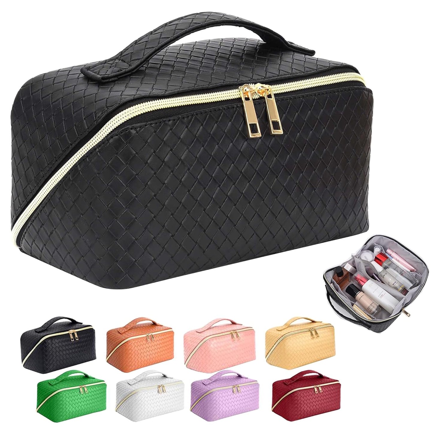 ZAUKNYA Makeup Bag - Large Capacity Travel Cosmetic Bag, Portable Leather Waterproof Women Travel Makeup Bag Organizer, with Handle and Divider Flat Lay Checkered Cosmetic Bags (Black)