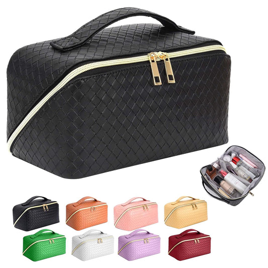ZAUKNYA Makeup Bag - Large Capacity Travel Cosmetic Bag, Portable Leather Waterproof Women Travel Makeup Bag Organizer, with Handle and Divider Flat Lay Checkered Cosmetic Bags (Black)