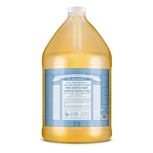 Dr. BronnerÕs - Pure-Castile Liquid Soap (Baby Unscented, 1 Gallon) - Made with Organic Oils, 18-in-1 Uses: Face, Hair, Laundry and Dishes, For Sensitive Skin and Babies, No Added Fragrance, Vegan