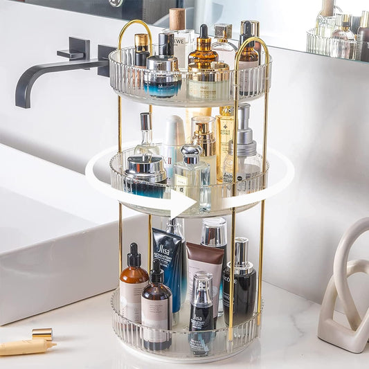 shuang qing Rotating Makeup Organizer for Vanity 3 Tier, High-Capacity Skincare Clear Make Up Storage Perfume Organizers Cosmetic Dresser Organizer Countertop 360 Spinning _Transparent white_