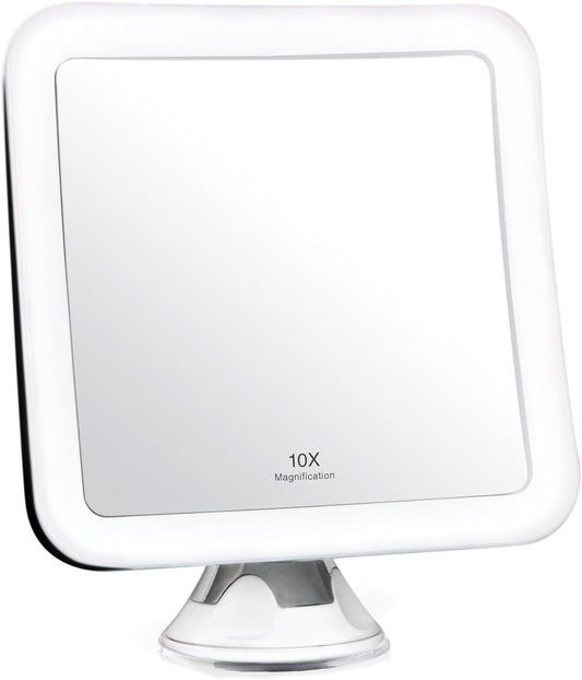 Fancii 10X Magnifying Lighted Makeup Mirror - Daylight LED Vanity Mirror - Compact, Cordless, Locking Suction, 6.5" Wide, 360 Rotation, Portable Illuminated Bathroom Mirror (Square)