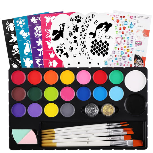 CCbeauty 180pcs Face Painting Kit for kids - 20 Water Based Kids Face Paint Non Toxic Sensitive Washable with 40+4 Reusable Stencils 6 Wood Brushes Glitter,Christmas Birthday Cosplay Costume Party