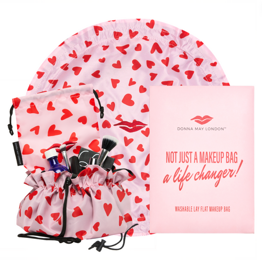 Open Flat Drawstring Makeup Bag in Pink with Red Hearts ♥️