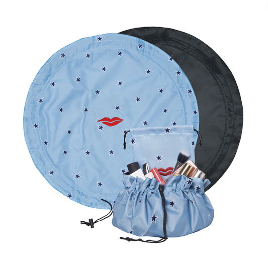 Open Flat Drawstring Makeup Bag in Blue Star Print