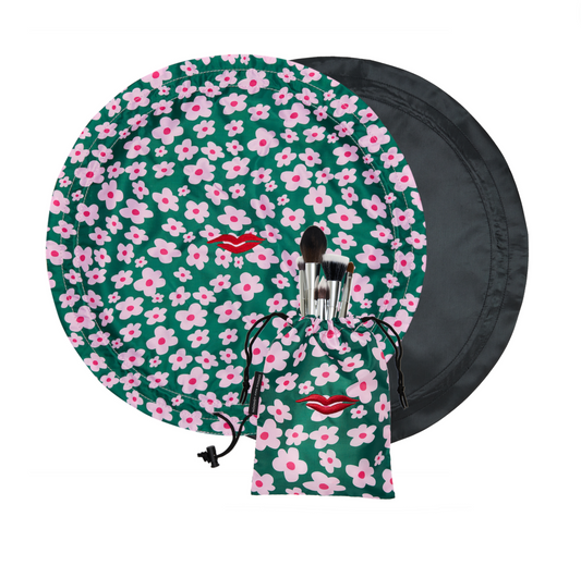 Open Flat Drawstring Makeup Bag in Green with Pink Flower