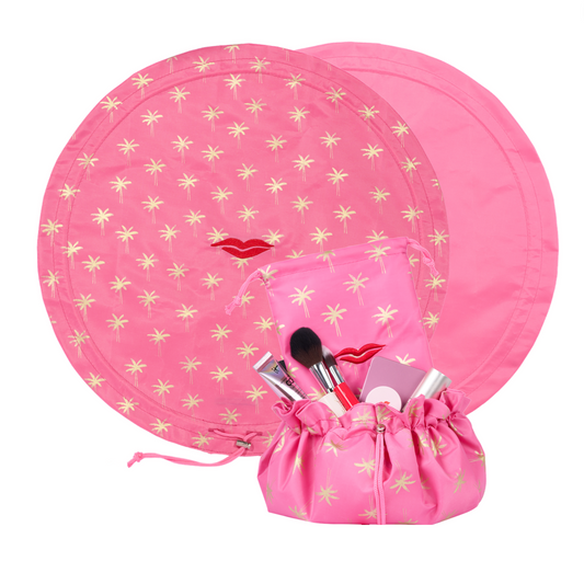 Open Flat Drawstring Makeup Bag in Pink & Gold Palm Tree