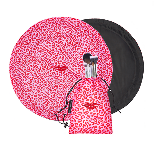 Open Flat Drawstring Makeup Bag in Pink & Red Animal Print