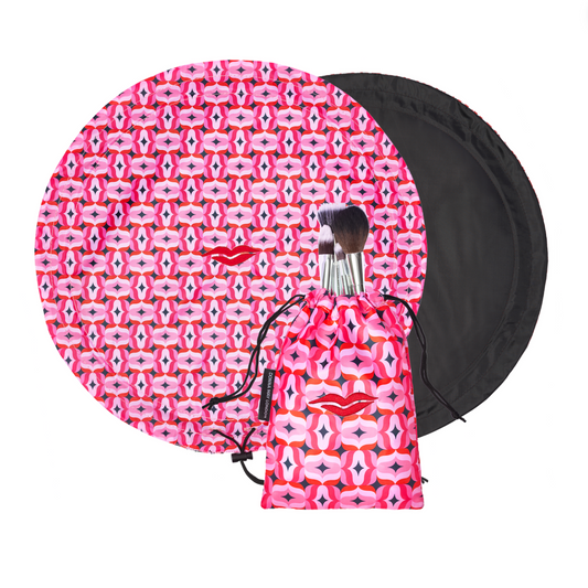 Open Flat Drawstring Makeup Bag in Pink Geometric